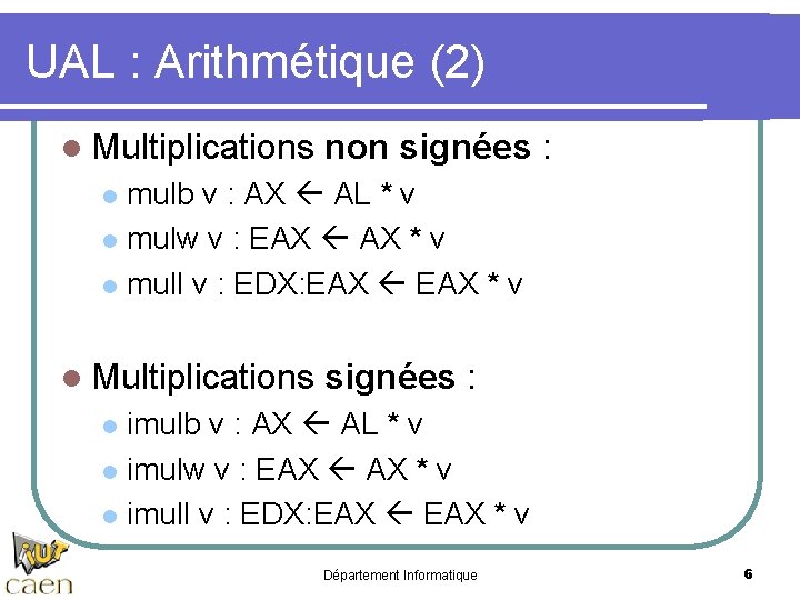 UAL : Arithmétique (2) l Multiplications non signées : mulb v : AX AL