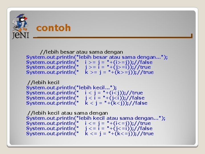 contoh //lebih besar atau sama dengan System. out. println("lebih besar atau sama dengan. .