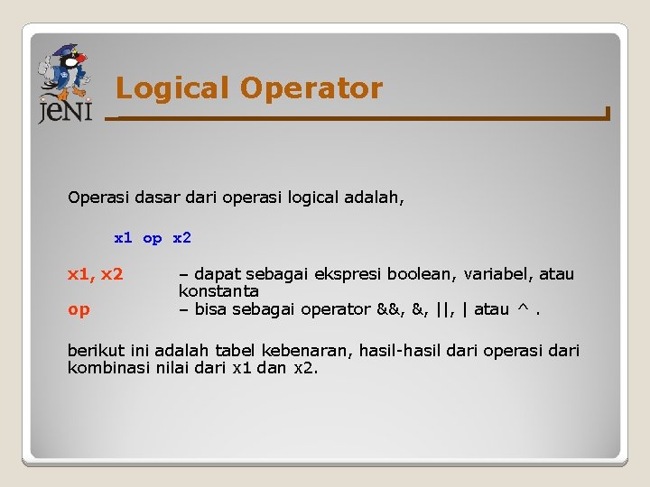 Logical Operator Operasi dasar dari operasi logical adalah, x 1 op x 2 x