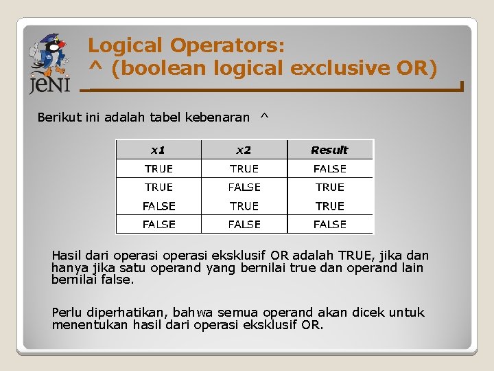 Logical Operators: ^ (boolean logical exclusive OR) Berikut ini adalah tabel kebenaran ^ Hasil