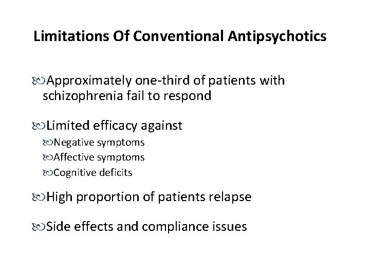 Limitations Of Conventional Antipsychotics Approximately one-third of patients with schizophrenia fail to respond Limited