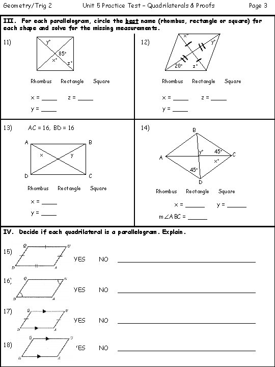 Geometry/Trig 2 Unit 5 Practice Test – Quadrilaterals & Proofs Page 3 III. For Geometry/Trig 2 Unit 5 Practice Test – Quadrilaterals & Proofs Page 3 III. For