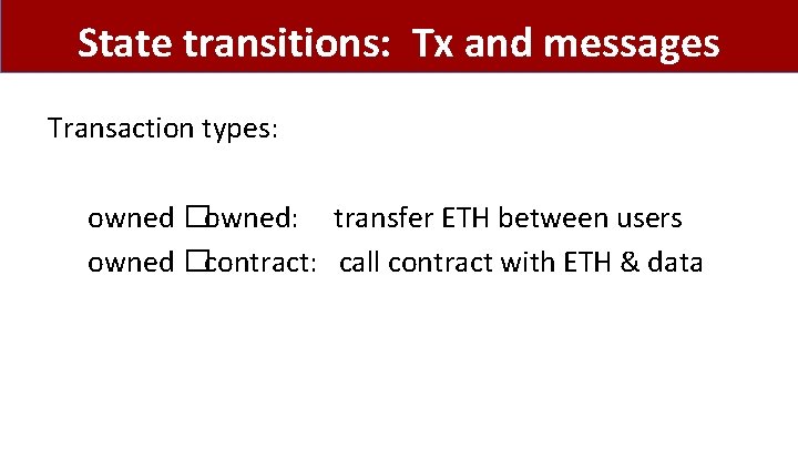 State transitions: Tx and messages Transaction types: owned �owned: transfer ETH between users owned