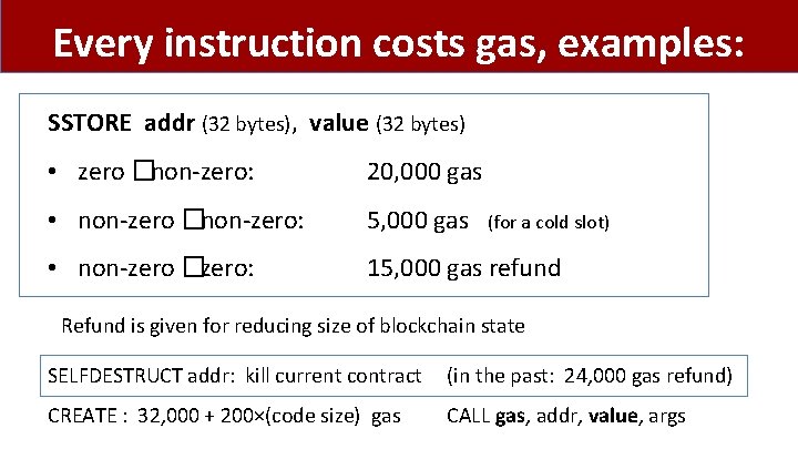 Every instruction costs gas, examples: SSTORE addr (32 bytes), value (32 bytes) • zero