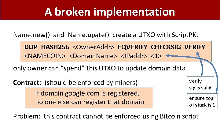 A broken implementation Name. new() and Name. upate() create a UTXO with Script. PK: