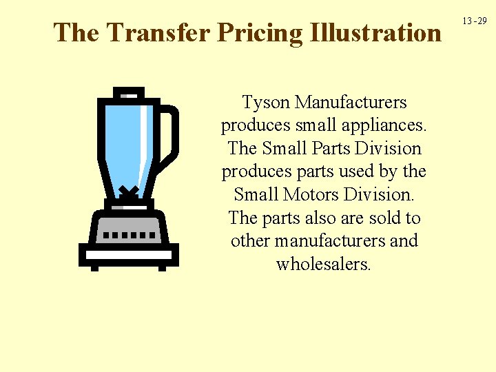 The Transfer Pricing Illustration Tyson Manufacturers produces small appliances. The Small Parts Division produces