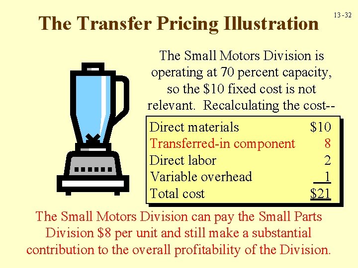 The Transfer Pricing Illustration 13 -32 The Small Motors Division is operating at 70