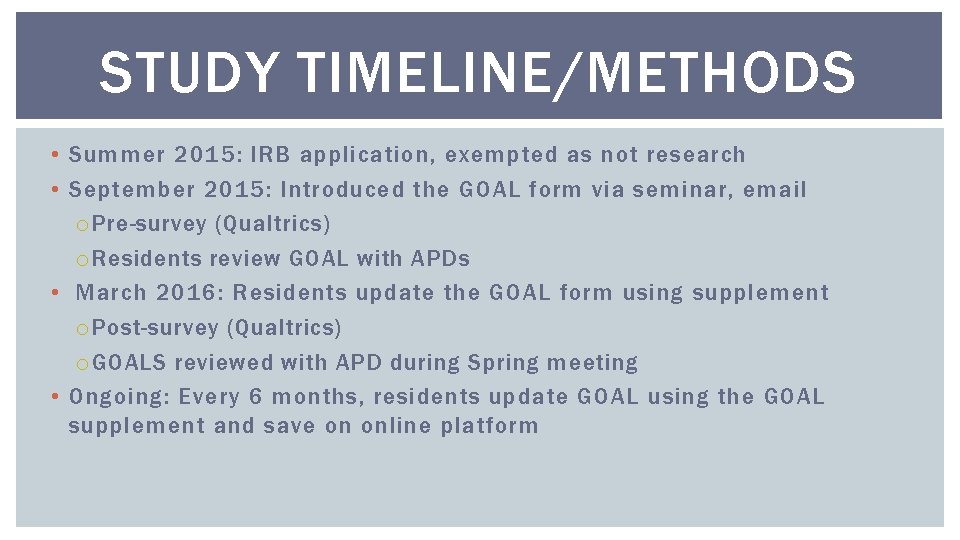 STUDY TIMELINE/METHODS • Summer 2015: IRB application, exempted as not research • September 2015: