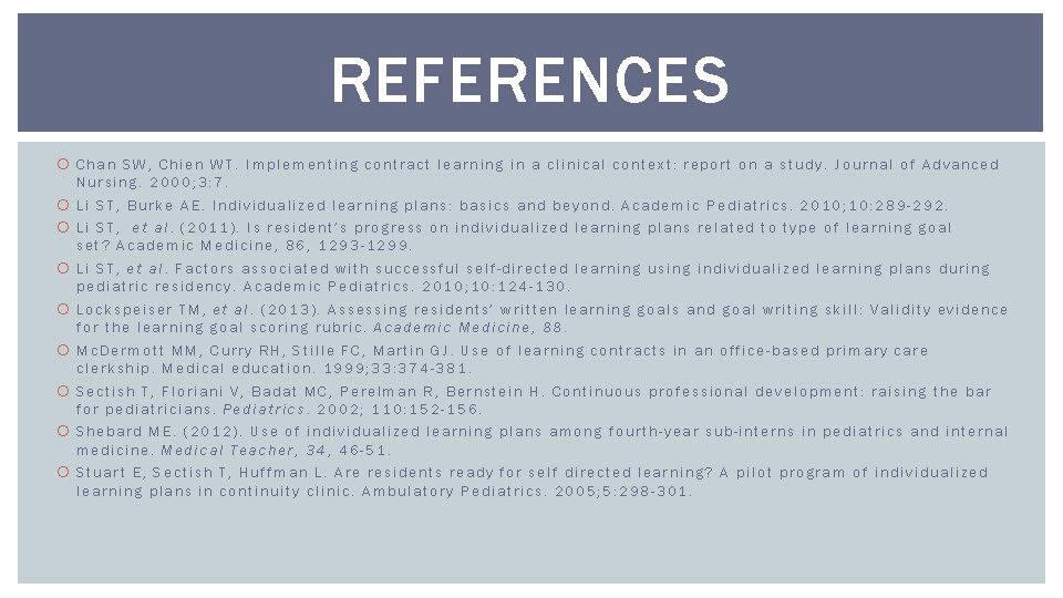 REFERENCES Chan SW, Chien WT. Implementing contract learning in a clinical context: report on