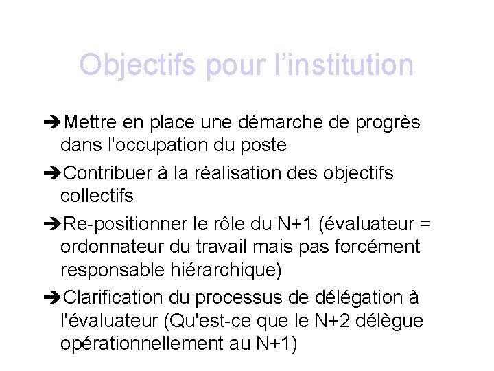 Objectifs pour l’institution Mettre en place une démarche de progrès dans l'occupation du poste