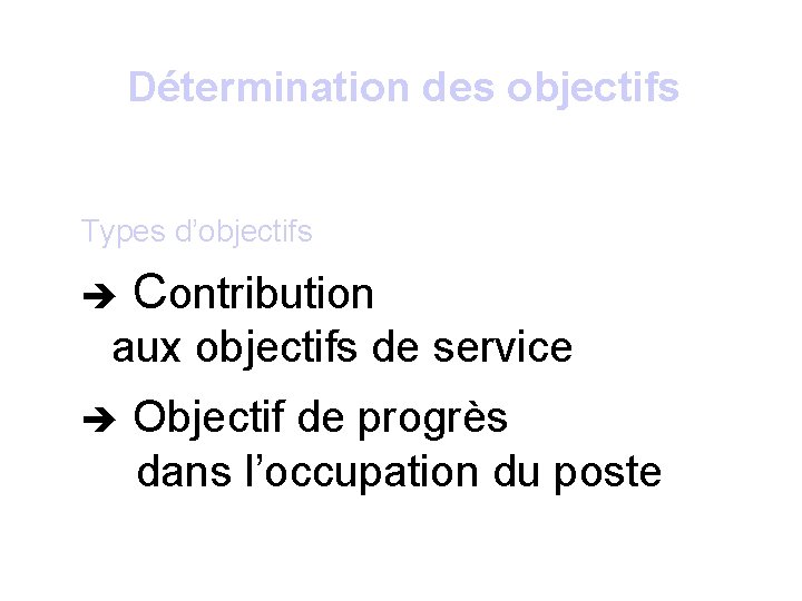 Détermination des objectifs Types d’objectifs Contribution aux objectifs de service Objectif de progrès dans Détermination des objectifs Types d’objectifs Contribution aux objectifs de service Objectif de progrès dans