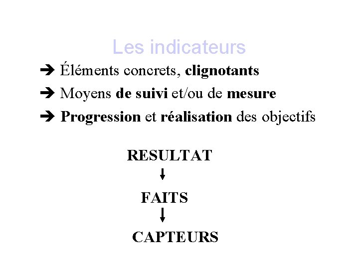 Les indicateurs Éléments concrets, clignotants Moyens de suivi et/ou de mesure Progression et réalisation