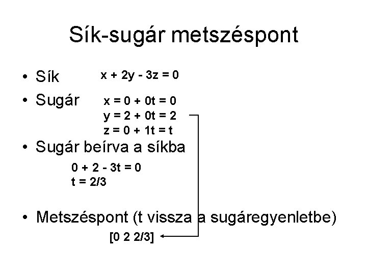 Sík-sugár metszéspont • Sík • Sugár x + 2 y - 3 z =