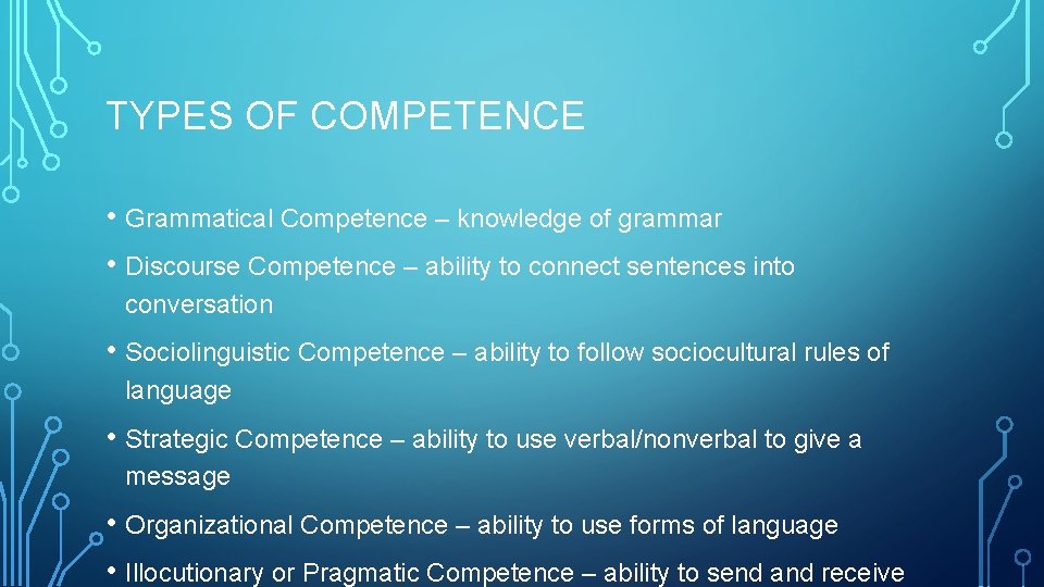 TYPES OF COMPETENCE • Grammatical Competence – knowledge of grammar • Discourse Competence –