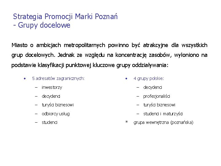 Strategia Promocji Marki Poznań - Grupy docelowe Miasto o ambicjach metropolitarnych powinno być atrakcyjne