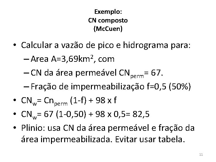 Exemplo: CN composto (Mc. Cuen) • Calcular a vazão de pico e hidrograma para:
