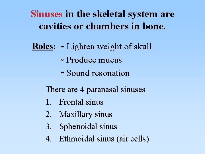 Sinuses in the skeletal system are cavities or chambers in bone. Roles: * Lighten