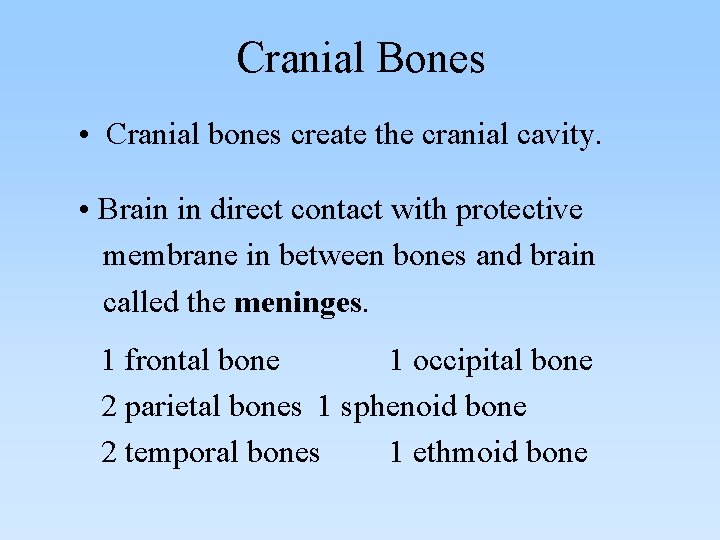 Cranial Bones • Cranial bones create the cranial cavity. • Brain in direct contact