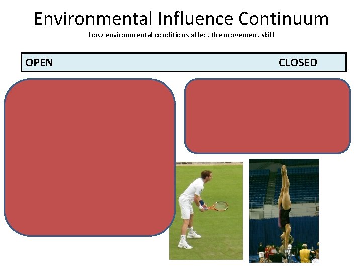 Environmental Influence Continuum how environmental conditions affect the movement skill OPEN • Open skills