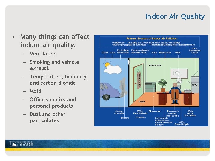 Indoor Air Quality • Many things can affect indoor air quality: – Ventilation –