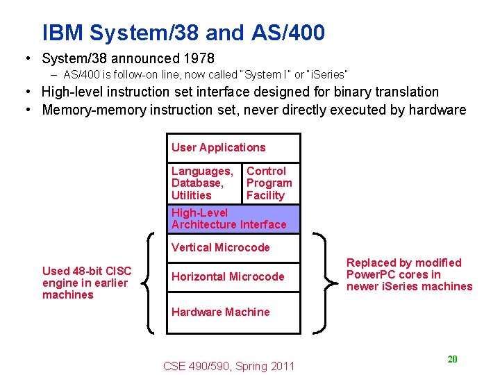 IBM System/38 and AS/400 • System/38 announced 1978 – AS/400 is follow-on line, now