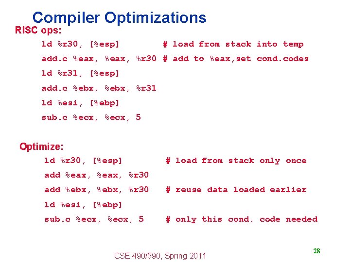 Compiler Optimizations RISC ops: ld %r 30, [%esp] # load from stack into temp