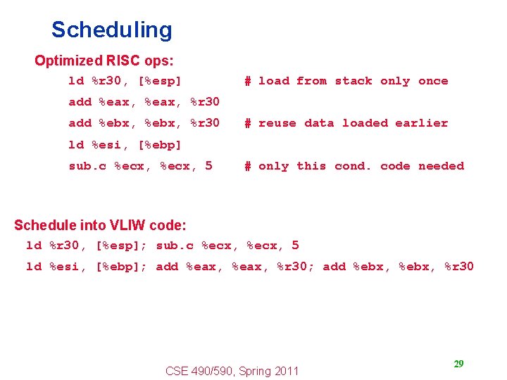 Scheduling Optimized RISC ops: ld %r 30, [%esp] # load from stack only once