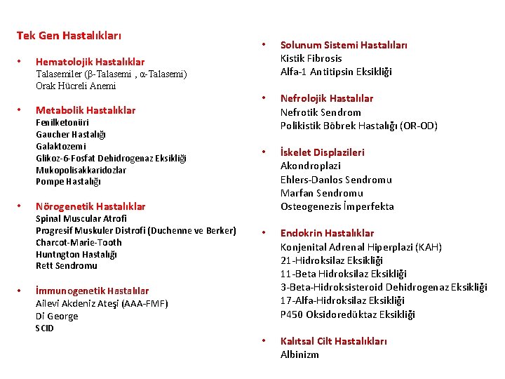 Tek Gen Hastalıkları • • Solunum Sistemi Hastalıları Kistik Fibrosis Alfa-1 Antitipsin Eksikliği •