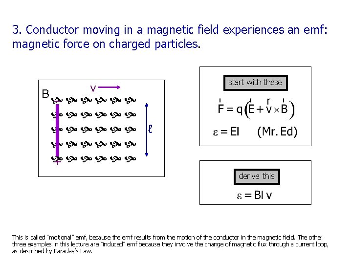 3. Conductor moving in a magnetic field experiences an emf: magnetic force on charged