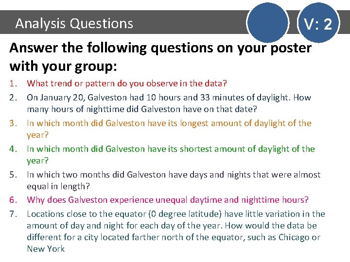 Analysis Questions V: 2 Answer the following questions on your poster with your group: