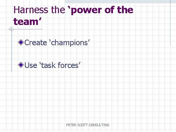 Harness the ‘power of the team’ Create ‘champions’ Use ‘task forces’ PETER SCOTT CONSULTING