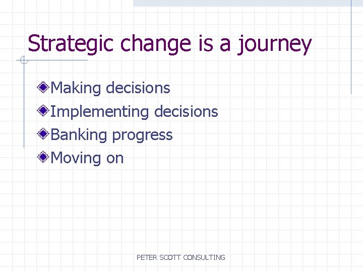 Strategic change is a journey Making decisions Implementing decisions Banking progress Moving on PETER