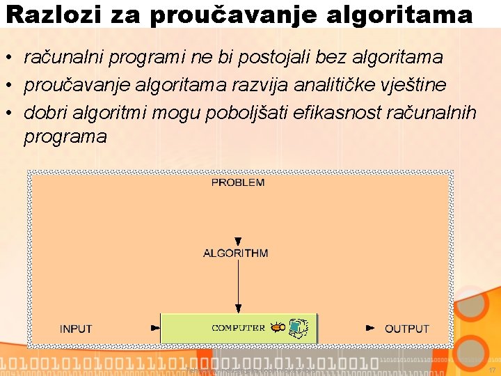 Razlozi za proučavanje algoritama • računalni programi ne bi postojali bez algoritama • proučavanje