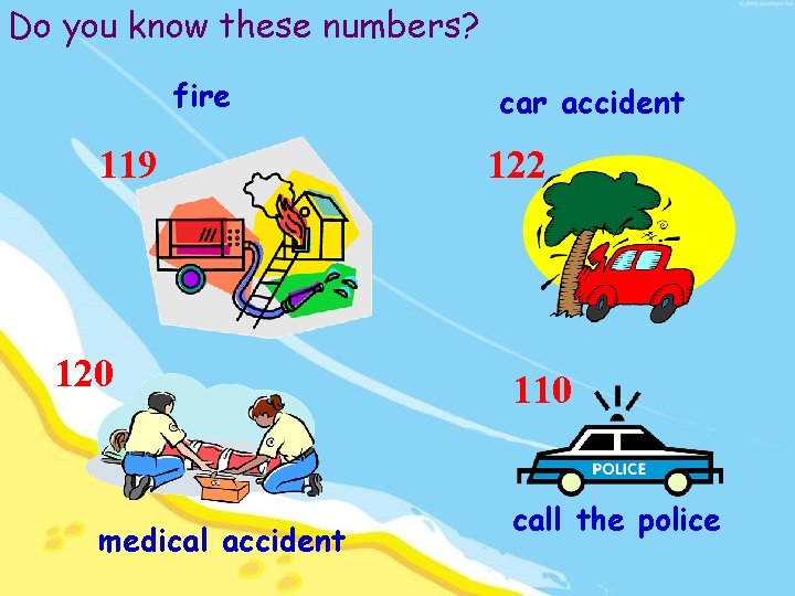 Do you know these numbers? fire 119 120 medical accident car accident 122 110