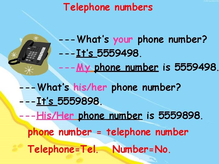 Telephone numbers ---What’s your phone number? ---It’s 5559498. ---My phone number is 5559498. ---What’s