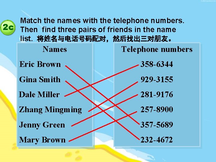 Match the names with the telephone numbers. 2 c Then find three pairs of