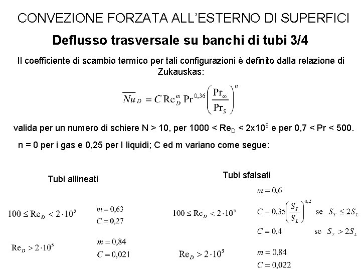 CONVEZIONE FORZATA ALL’ESTERNO DI SUPERFICI Deflusso trasversale su banchi di tubi 3/4 Il coefficiente