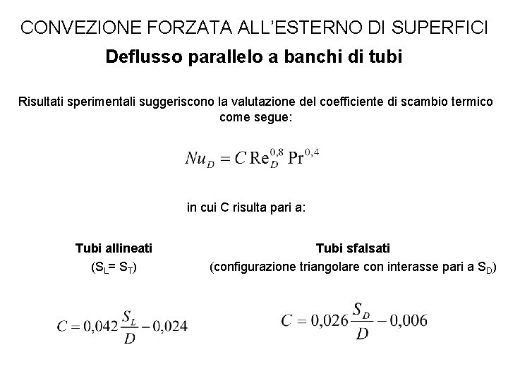 CONVEZIONE FORZATA ALL’ESTERNO DI SUPERFICI Deflusso parallelo a banchi di tubi Risultati sperimentali suggeriscono