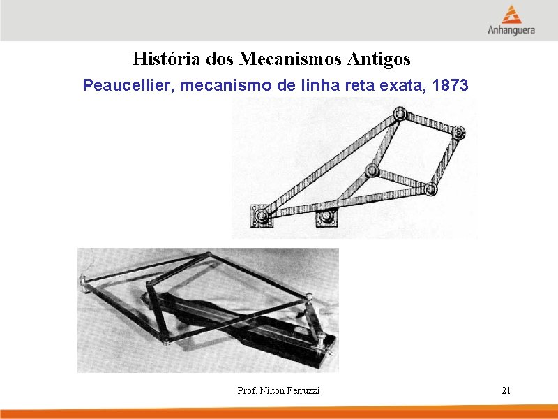 História dos Mecanismos Antigos Peaucellier, mecanismo de linha reta exata, 1873 Prof. Nilton Ferruzzi