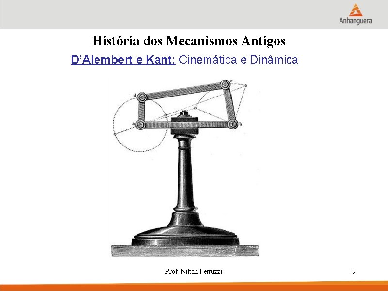 História dos Mecanismos Antigos D’Alembert e Kant: Cinemática e Dinâmica Prof. Nilton Ferruzzi 9