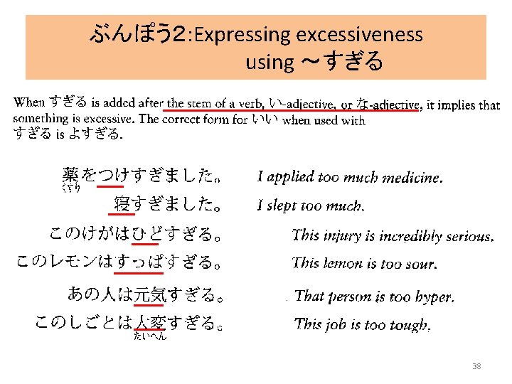 ぶんぽう２: Expressing excessiveness using ～すぎる 38 