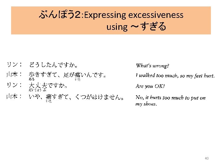 ぶんぽう２: Expressing excessiveness using ～すぎる 40 