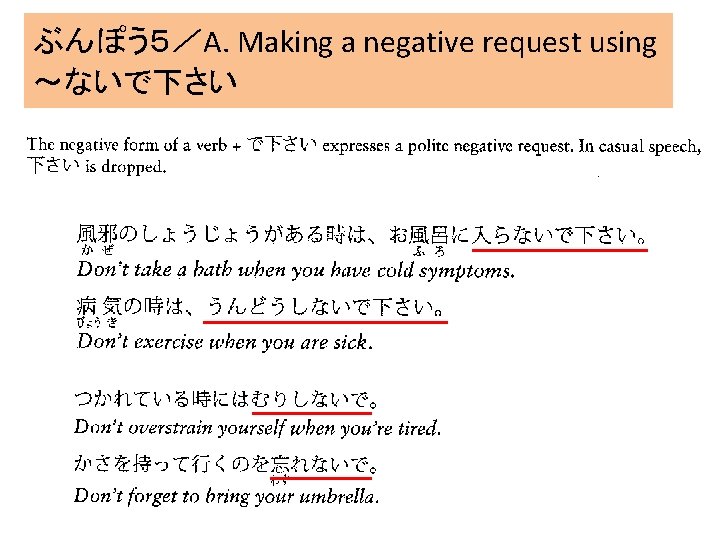 ぶんぽう５／A. Making a negative request using ～ないで下さい 