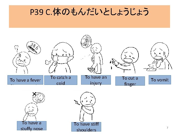 P 39 C. 体のもんだいとしょうじょう To have a fever To have a stuffy nose To