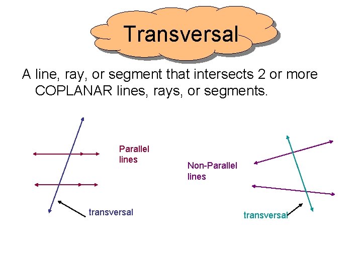 Parallel Lines Transversals Transversal A line ray or