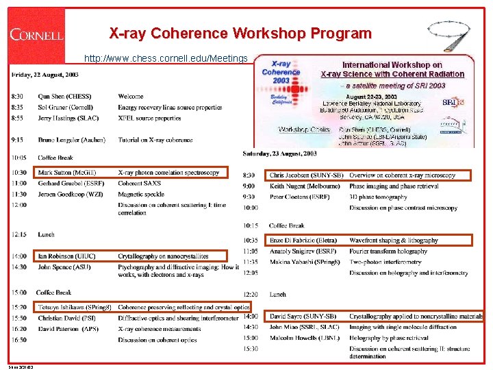 X-ray Coherence Workshop Program http: //www. chess. cornell. edu/Meetings Shen 3/31/03 