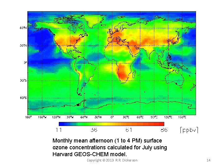 Monthly mean afternoon (1 to 4 PM) surface ozone concentrations calculated for July using