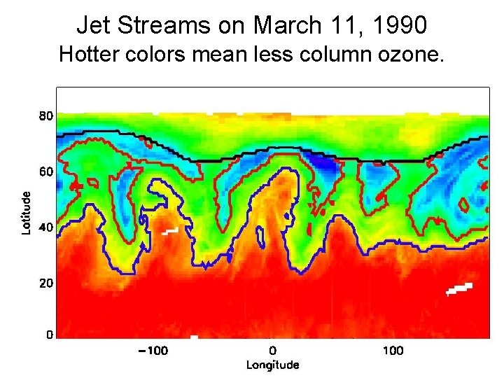 Jet Streams on March 11, 1990 Hotter colors mean less column ozone. Copyright ©