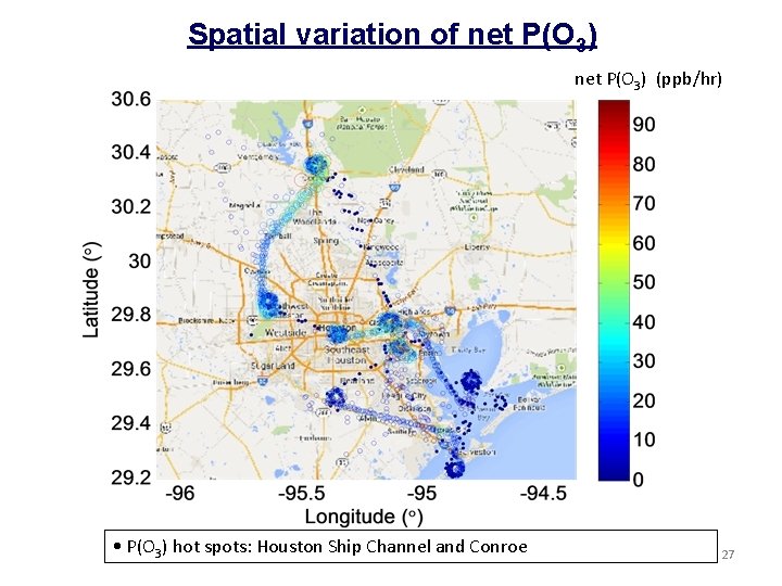 Spatial variation of net P(O 3) (ppb/hr) • P(O 3) hot spots: Houston Ship