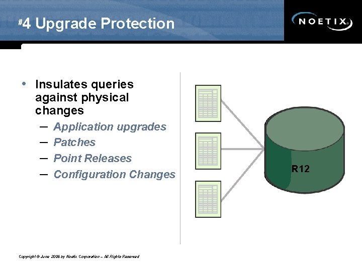 # 4 Upgrade Protection • Insulates queries against physical changes – – Application upgrades